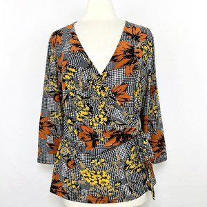 Evan Picone Black Label Womens L Top Tie Waist Fall Colors Black Brown Floral #E